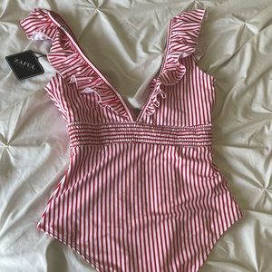 Red striped one piece swimmy with ruffles
